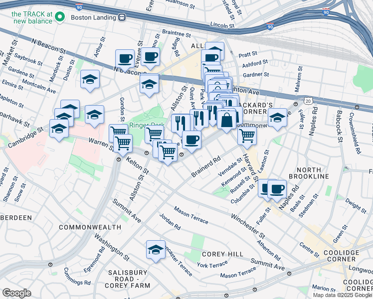 map of restaurants, bars, coffee shops, grocery stores, and more near 66 Glenville Avenue in Boston