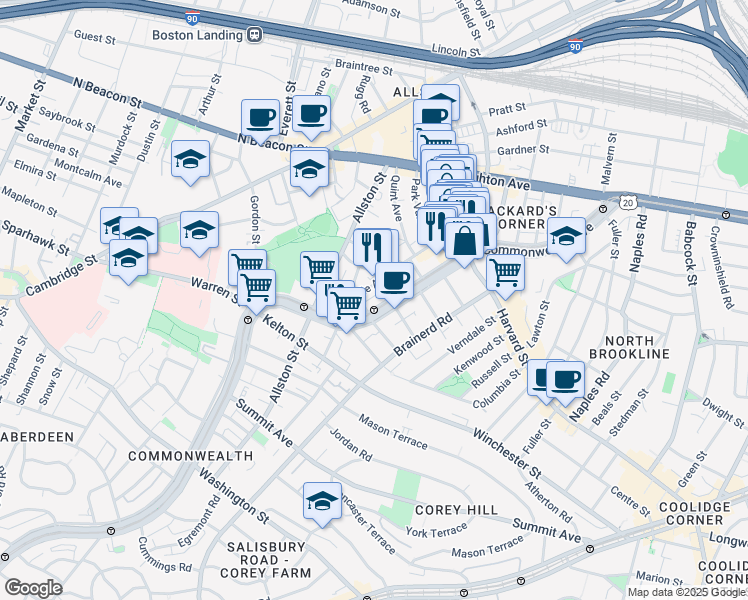 map of restaurants, bars, coffee shops, grocery stores, and more near 66 Glenville Avenue in Boston