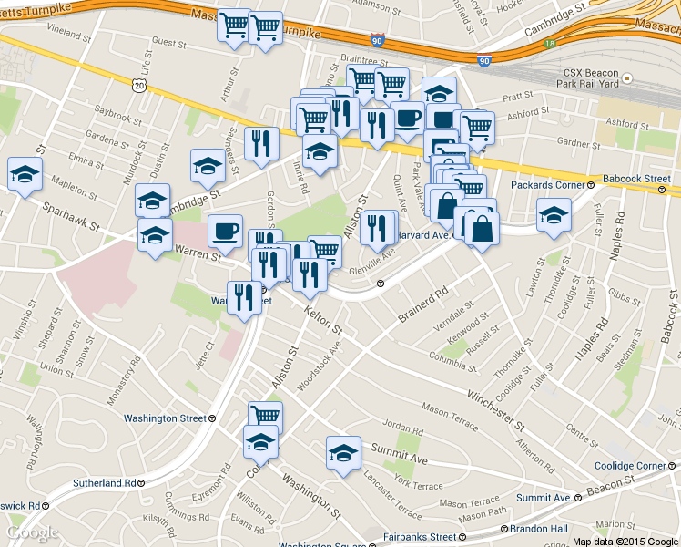 map of restaurants, bars, coffee shops, grocery stores, and more near 139 Glenville Avenue in Boston