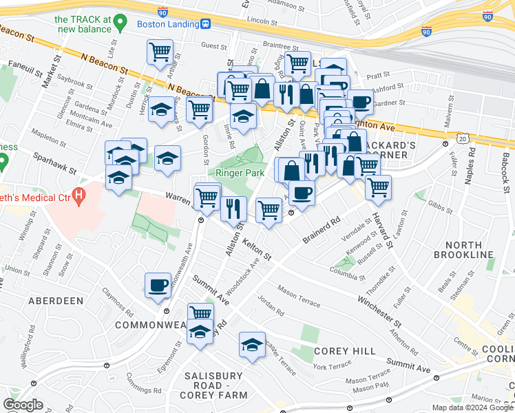 map of restaurants, bars, coffee shops, grocery stores, and more near 139 Glenville Avenue in Boston