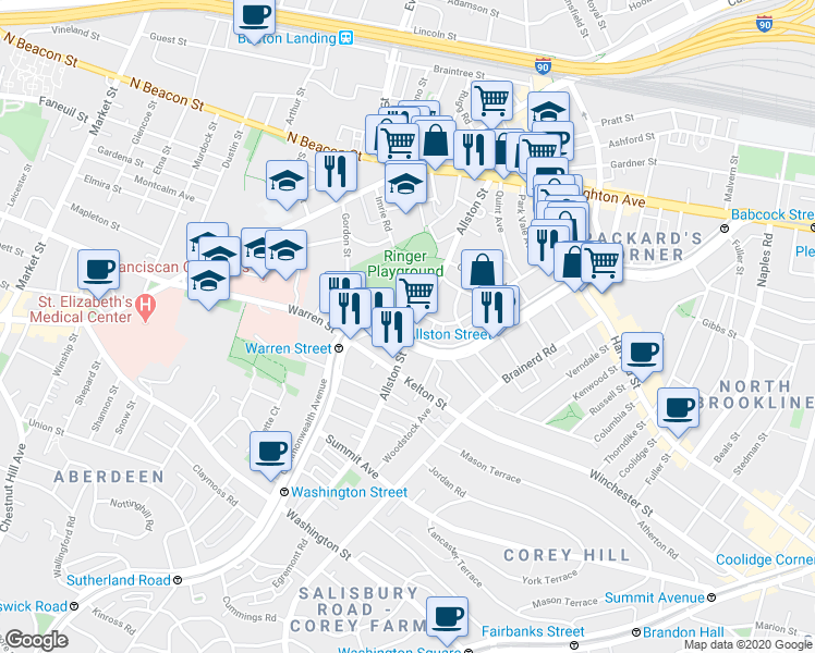 map of restaurants, bars, coffee shops, grocery stores, and more near 139 Glenville Avenue in Boston