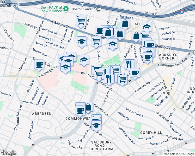 map of restaurants, bars, coffee shops, grocery stores, and more near 103 Gordon Street in Boston