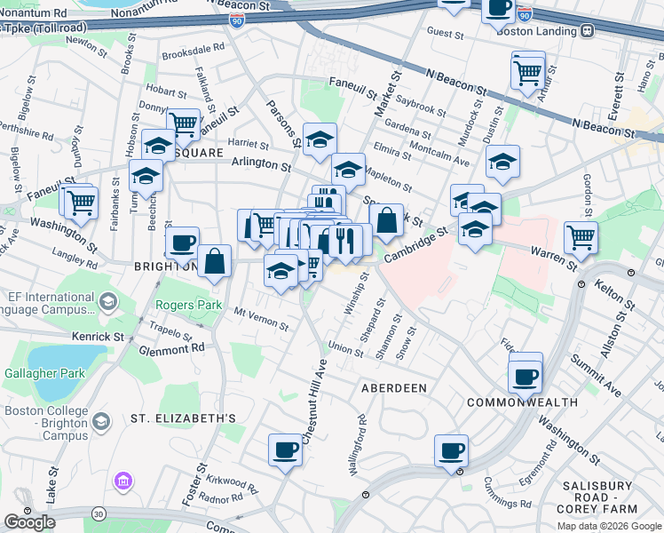 map of restaurants, bars, coffee shops, grocery stores, and more near 8 Waldo Terrace in Boston