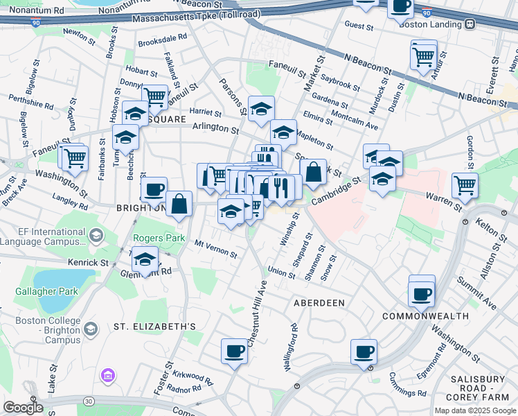map of restaurants, bars, coffee shops, grocery stores, and more near 8 Waldo Terrace in Boston