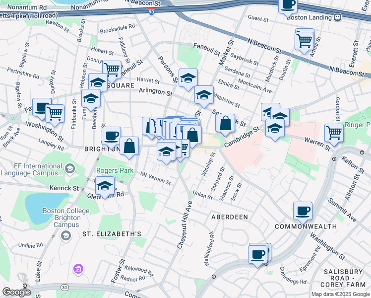 map of restaurants, bars, coffee shops, grocery stores, and more near in Boston