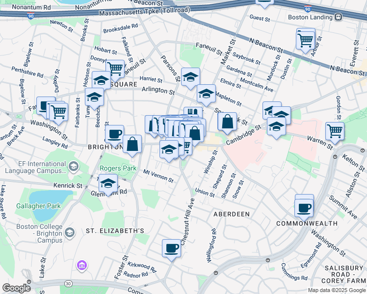 map of restaurants, bars, coffee shops, grocery stores, and more near 385 Washington Street in Boston