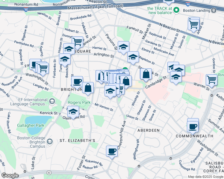 map of restaurants, bars, coffee shops, grocery stores, and more near 385 Washington Street in Boston