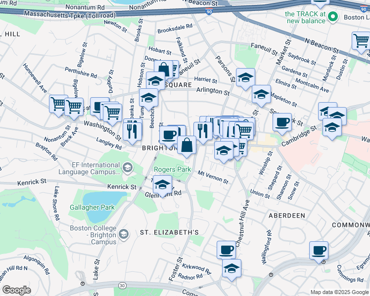 map of restaurants, bars, coffee shops, grocery stores, and more near 57 Malbert Road in Boston