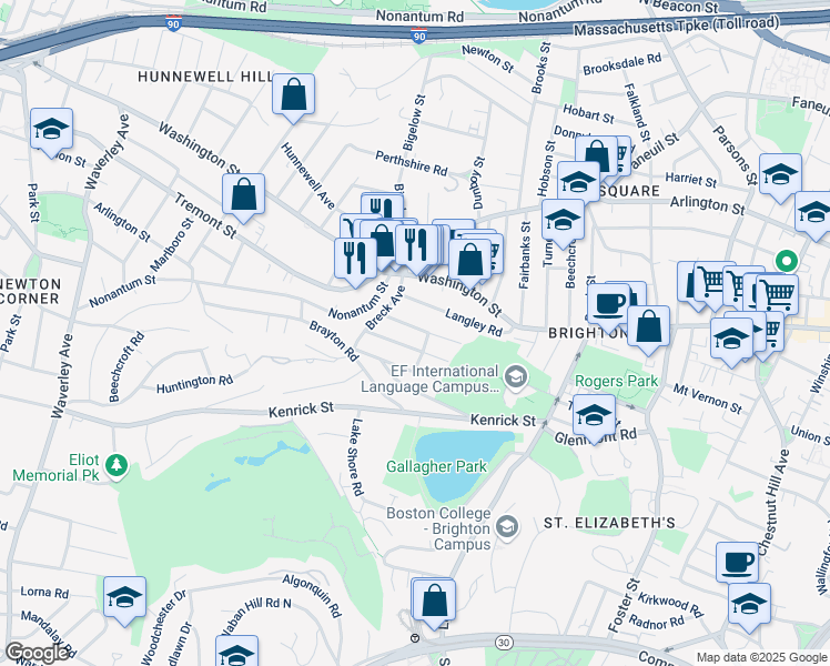 map of restaurants, bars, coffee shops, grocery stores, and more near 18 North Crescent Circuit in Boston