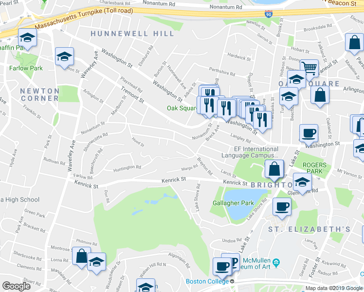 map of restaurants, bars, coffee shops, grocery stores, and more near 73 A Nonantum Street in Boston