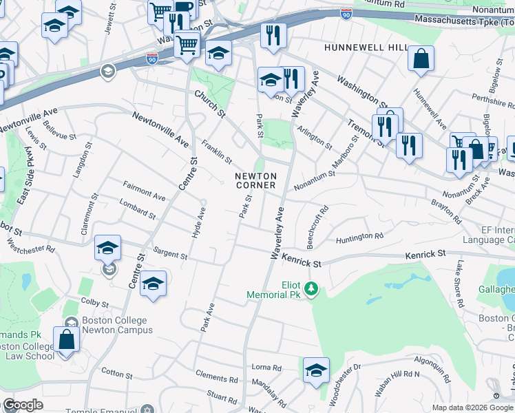 map of restaurants, bars, coffee shops, grocery stores, and more near in Newton