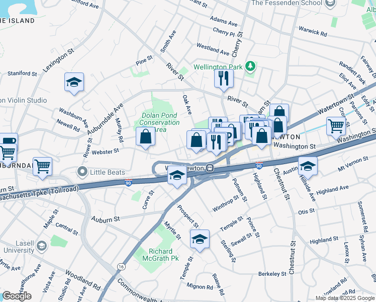 map of restaurants, bars, coffee shops, grocery stores, and more near 125 Webster Street in Newton