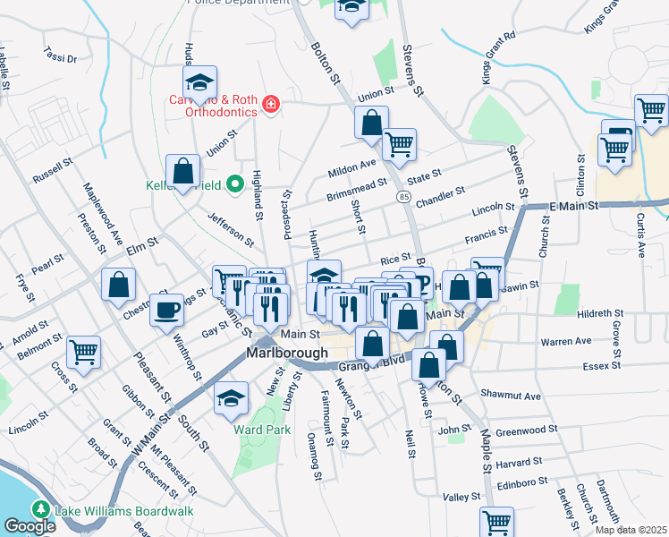 map of restaurants, bars, coffee shops, grocery stores, and more near 204 Lincoln Street in Marlborough