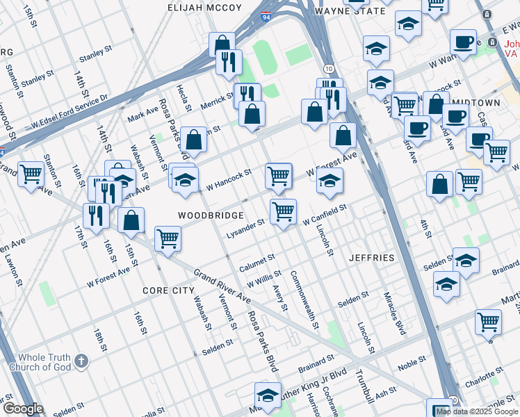 map of restaurants, bars, coffee shops, grocery stores, and more near 4707 Commonwealth Street in Detroit
