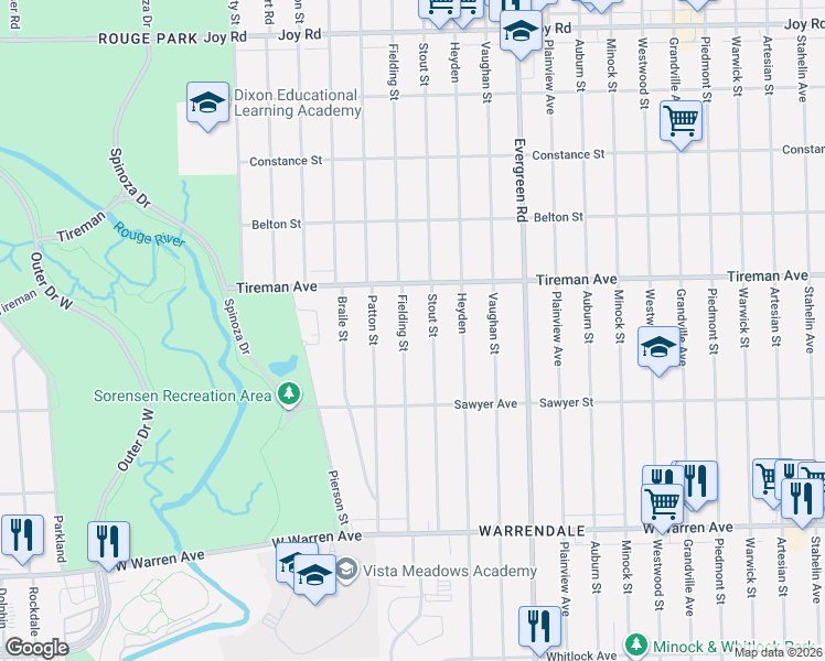 map of restaurants, bars, coffee shops, grocery stores, and more near 7795 Stout Street in Detroit