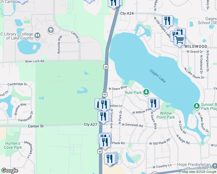 map of restaurants, bars, coffee shops, grocery stores, and more near 18941 West Orchard Lane in Grayslake