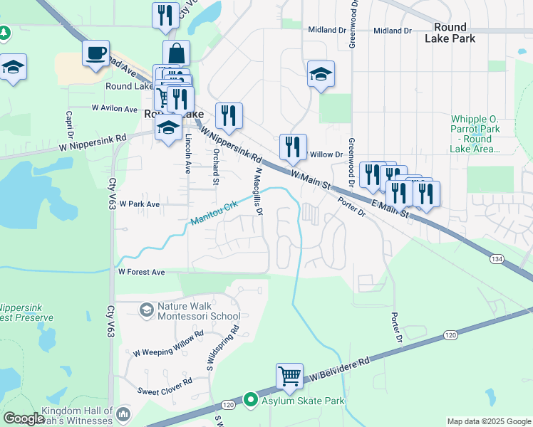 map of restaurants, bars, coffee shops, grocery stores, and more near 99 North Macgillis Drive in Round Lake