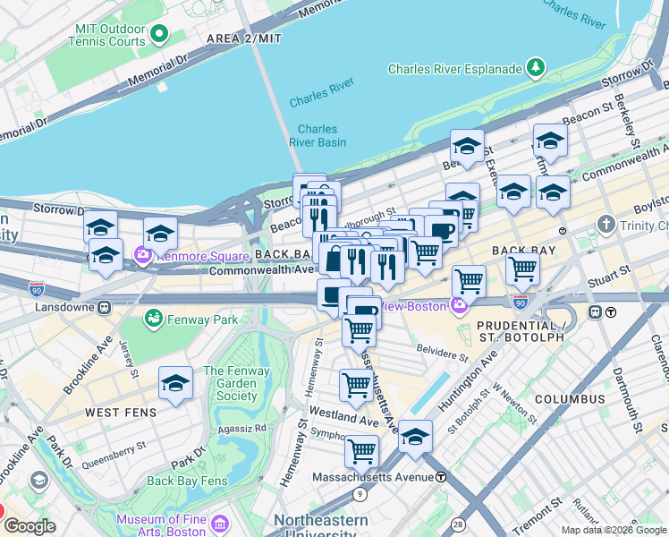 map of restaurants, bars, coffee shops, grocery stores, and more near Commonwealth Avenue & Massachusetts Ave in Boston