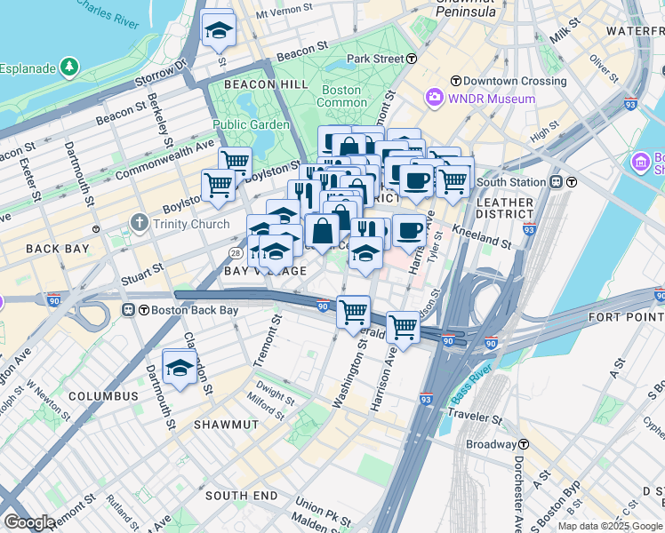 map of restaurants, bars, coffee shops, grocery stores, and more near 333 Tremont Street in Boston