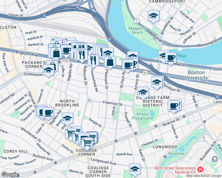 map of restaurants, bars, coffee shops, grocery stores, and more near 76 Egmont Street in Brookline