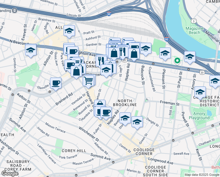 map of restaurants, bars, coffee shops, grocery stores, and more near 168 Coolidge Street in Brookline
