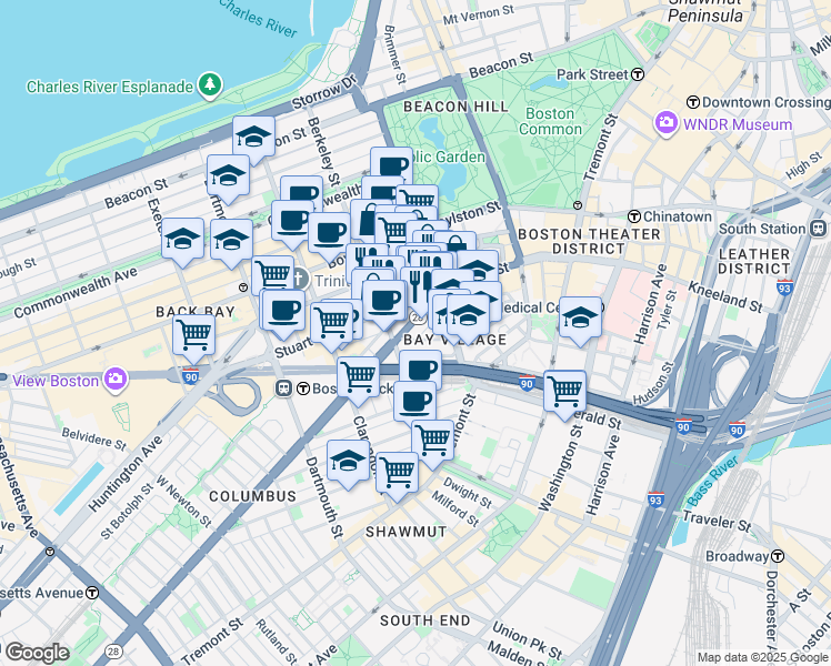 map of restaurants, bars, coffee shops, grocery stores, and more near 200 Columbus Avenue in Boston