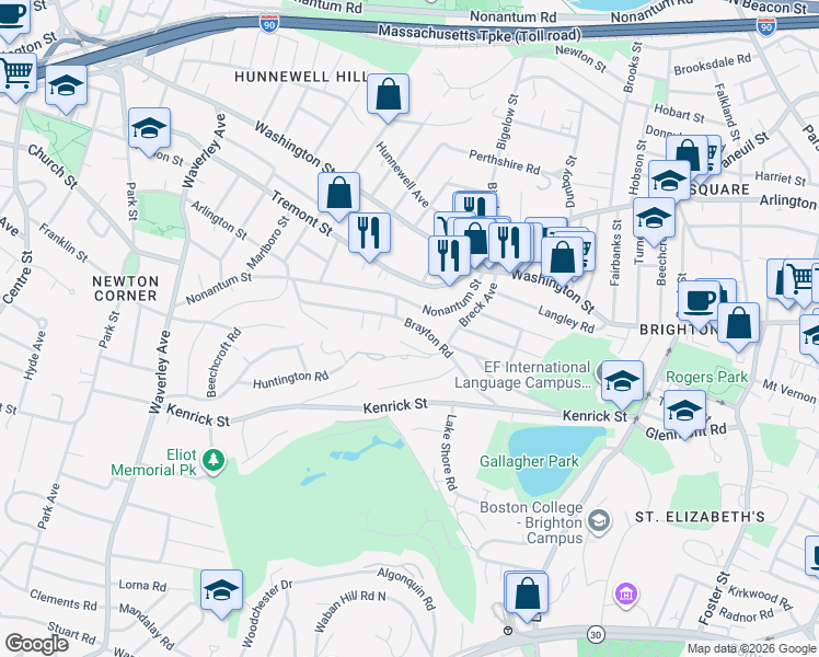 map of restaurants, bars, coffee shops, grocery stores, and more near 73 A Nonantum Street in Boston