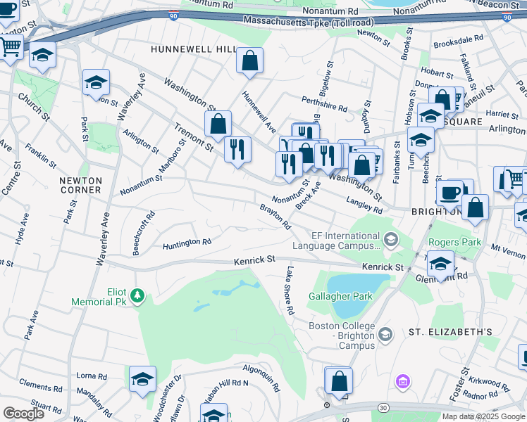map of restaurants, bars, coffee shops, grocery stores, and more near 73 A Nonantum Street in Boston