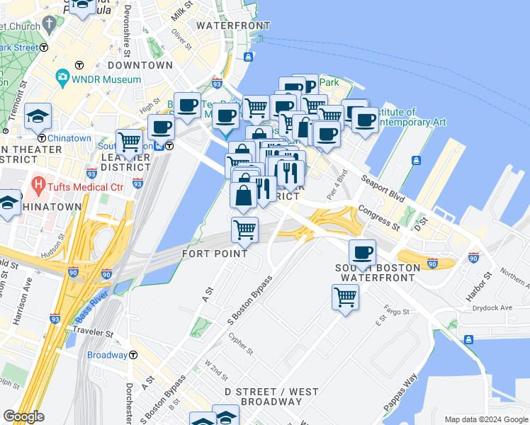 map of restaurants, bars, coffee shops, grocery stores, and more near in Boston