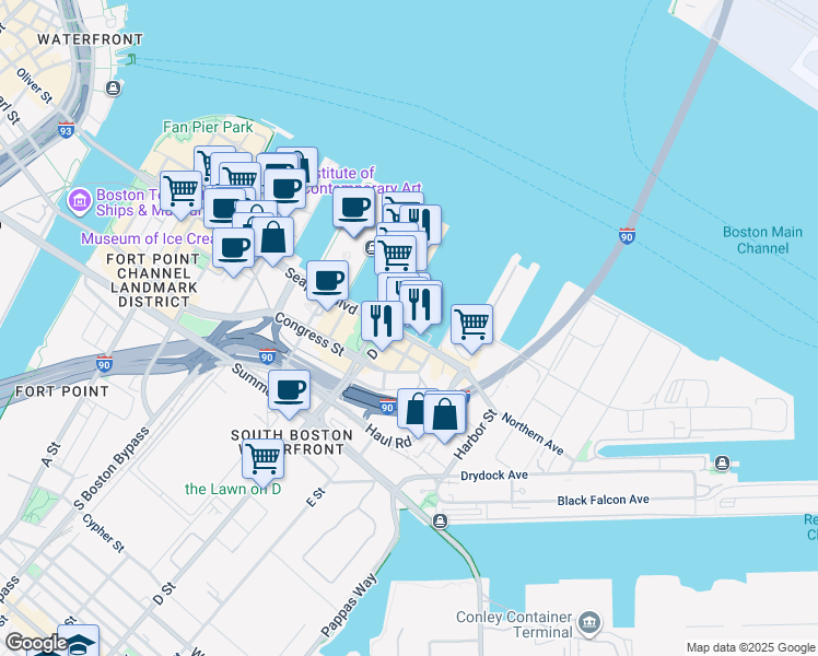 map of restaurants, bars, coffee shops, grocery stores, and more near 1 Fish Pier Street East in Boston