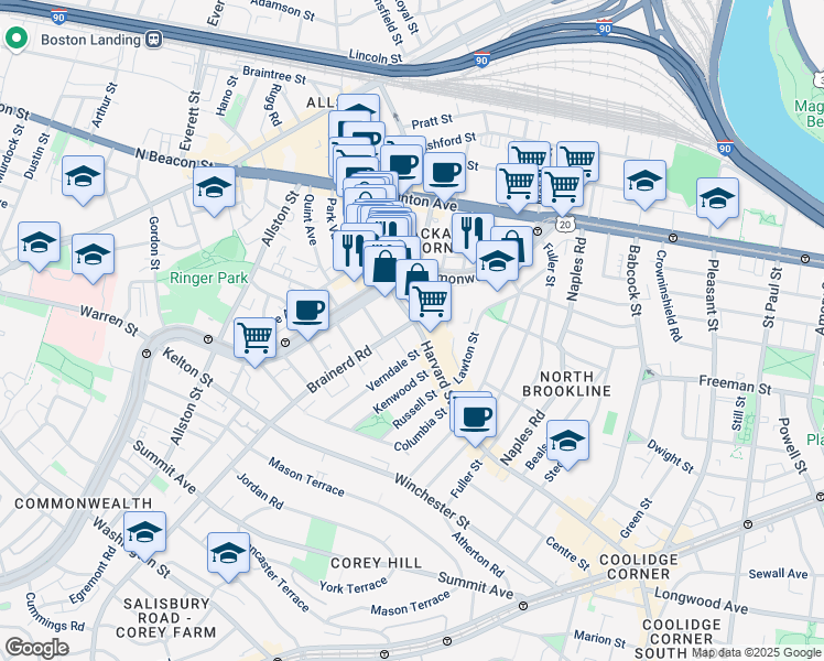 map of restaurants, bars, coffee shops, grocery stores, and more near 235 Harvard Avenue in Boston