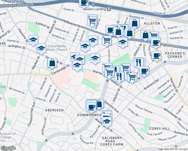 map of restaurants, bars, coffee shops, grocery stores, and more near 98-100 Warren Street in Boston