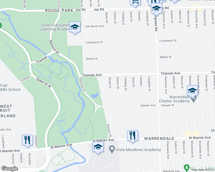 map of restaurants, bars, coffee shops, grocery stores, and more near 7761 Braile Street in Detroit