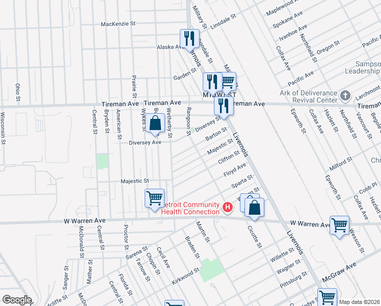 map of restaurants, bars, coffee shops, grocery stores, and more near 6476 Barton Street in Detroit