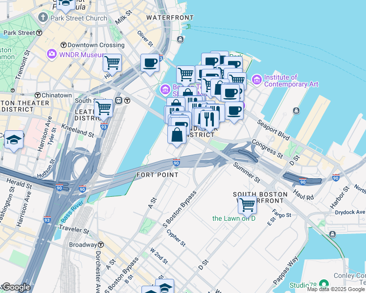 map of restaurants, bars, coffee shops, grocery stores, and more near in Boston