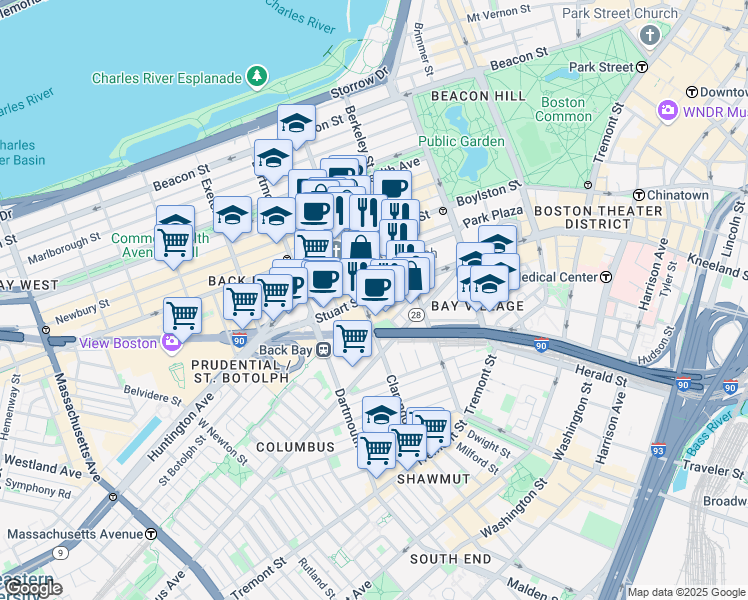 map of restaurants, bars, coffee shops, grocery stores, and more near 197 Clarendon Street in Boston