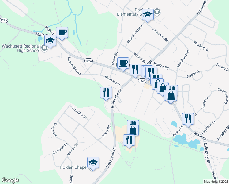 map of restaurants, bars, coffee shops, grocery stores, and more near 4 Davis Way in Holden