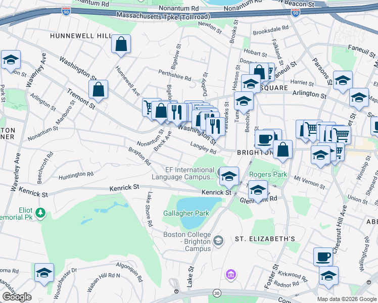 map of restaurants, bars, coffee shops, grocery stores, and more near 50 Langley Road in Boston