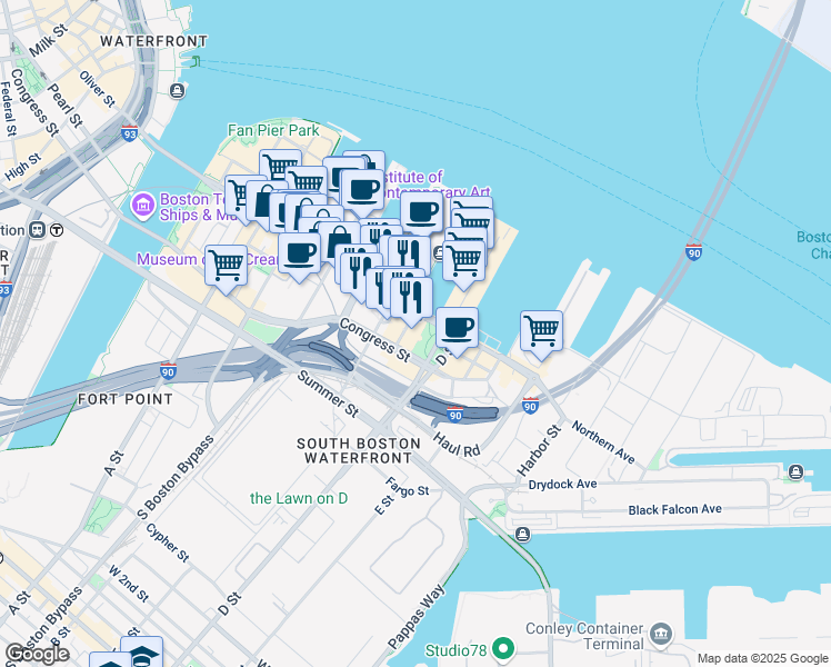 map of restaurants, bars, coffee shops, grocery stores, and more near 2 Seaport Lane in Boston