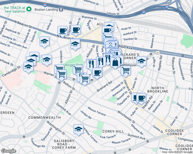 map of restaurants, bars, coffee shops, grocery stores, and more near 66 Glenville Avenue in Boston