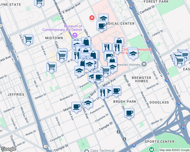 map of restaurants, bars, coffee shops, grocery stores, and more near 3800 Woodward Avenue in Detroit