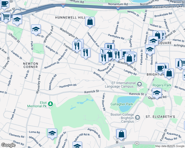 map of restaurants, bars, coffee shops, grocery stores, and more near 111 Brayton Road in Boston
