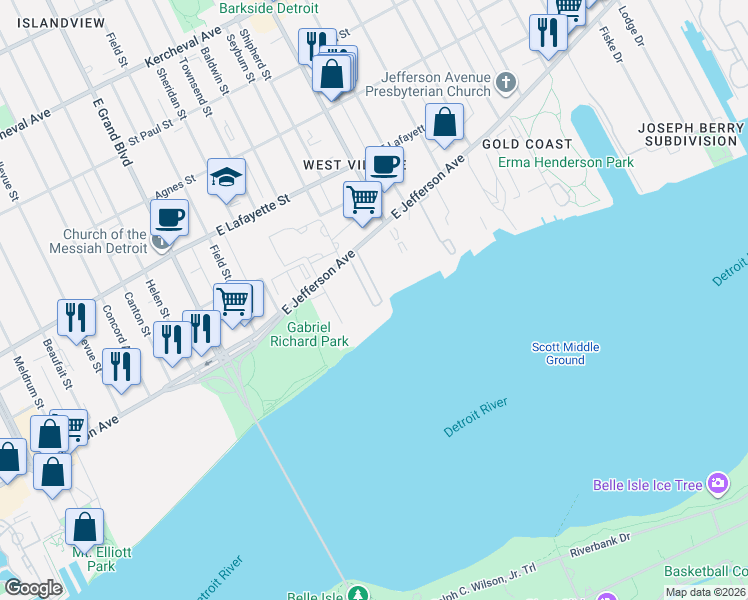 map of restaurants, bars, coffee shops, grocery stores, and more near 7800 East Jefferson Avenue in Detroit