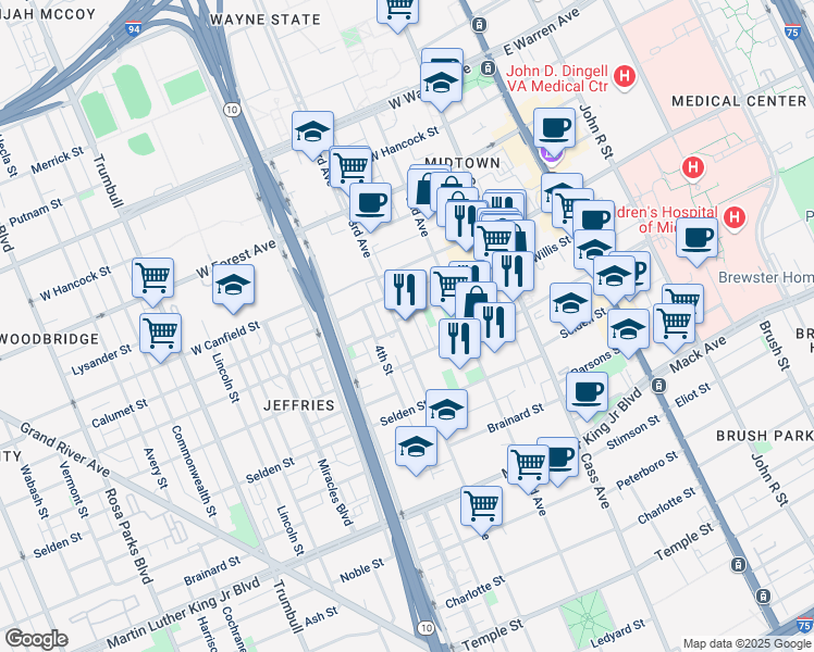 map of restaurants, bars, coffee shops, grocery stores, and more near 700 West Willis Street in Detroit