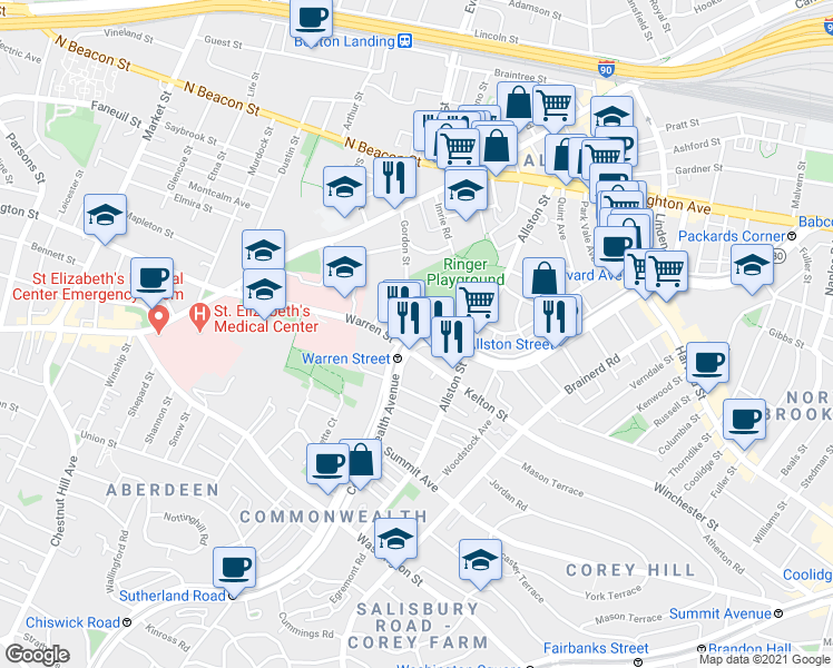 map of restaurants, bars, coffee shops, grocery stores, and more near Commonwealth Avenue & Gordon St in Boston