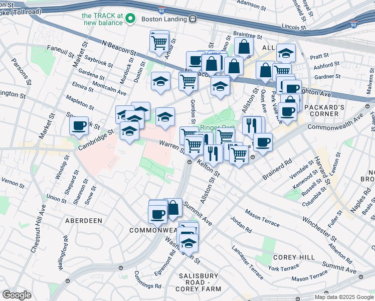 map of restaurants, bars, coffee shops, grocery stores, and more near 126 Warren Street in Boston