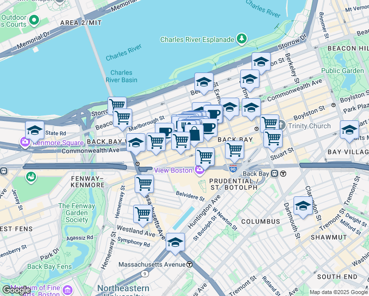 map of restaurants, bars, coffee shops, grocery stores, and more near 267 Newbury Street in Boston