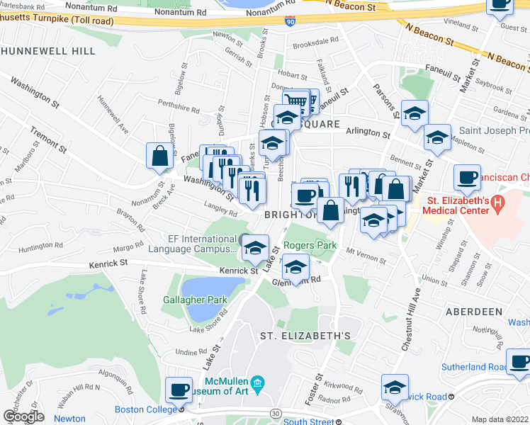 map of restaurants, bars, coffee shops, grocery stores, and more near Washington Street & Turner Street in Boston