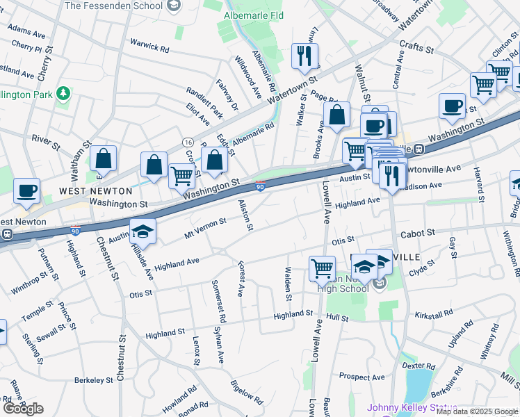 map of restaurants, bars, coffee shops, grocery stores, and more near 7 Mount Vernon Terrace in Newton