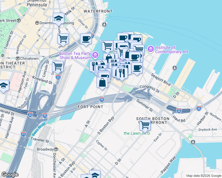map of restaurants, bars, coffee shops, grocery stores, and more near 329 A Street in Boston